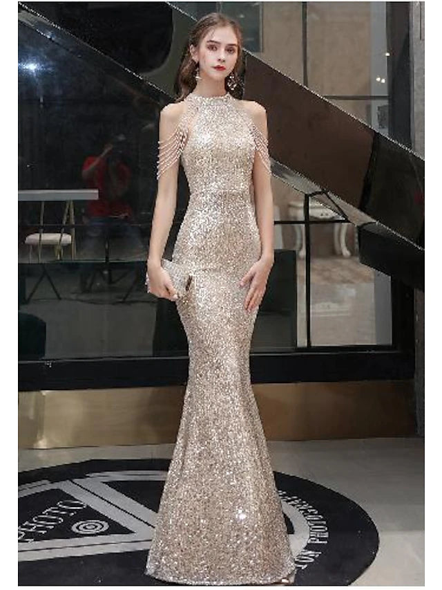 Elegant sequined mermaid prom dress with halter neck.