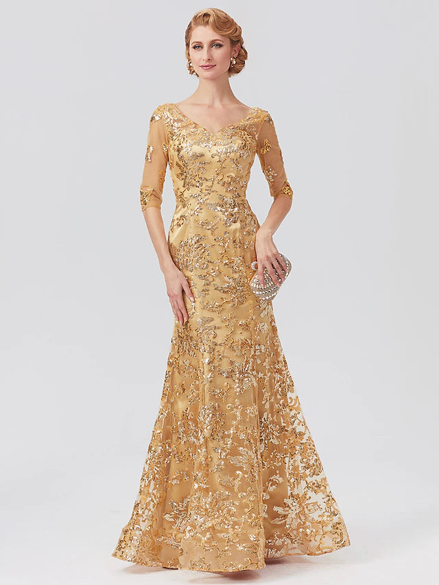 Elegant sequined mermaid trumpet Mother of the Bride dress with V-neck and half sleeves.