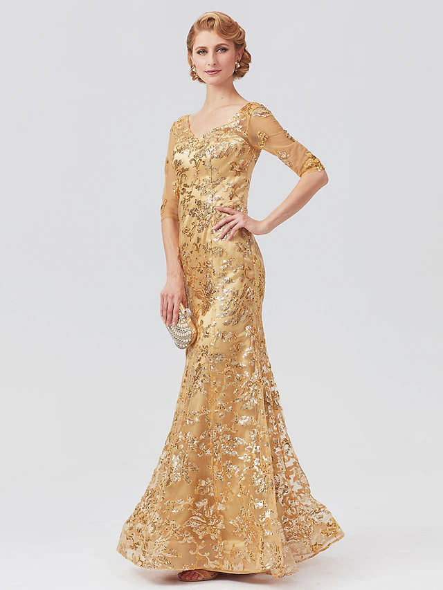 Side view of the sparkling sequined tulle Mother of the Bride gown.