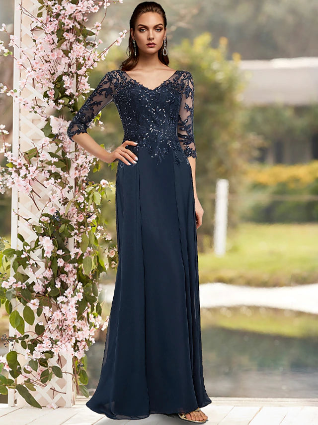 Elegant V-neck sheath Mother of the Bride dress with 3/4 sleeves and sequin lace.