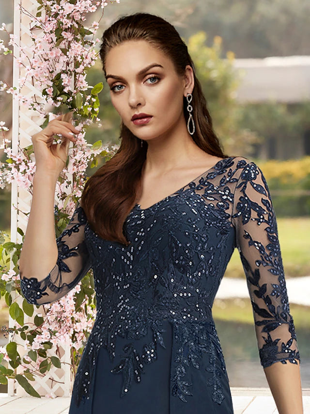 Back of floor-length chiffon lace Mother of the Bride gown with sequin appliques.