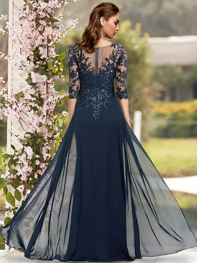 Full length elegant Mother of the Bride dress, floor-length silhouette.