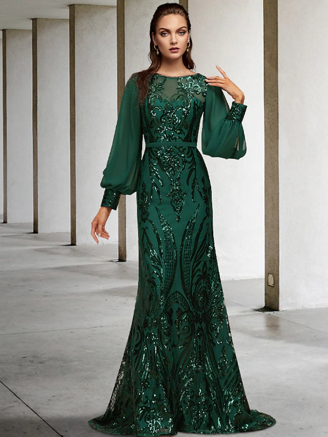 Elegant sequined mermaid mother of the bride dress with long sleeves and jewel neck.