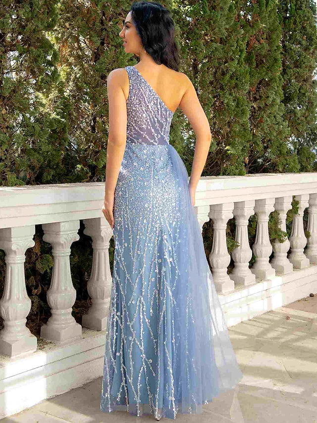 Detailed view of the one-shoulder neckline and sequin embellishments on the elegant evening gown.
