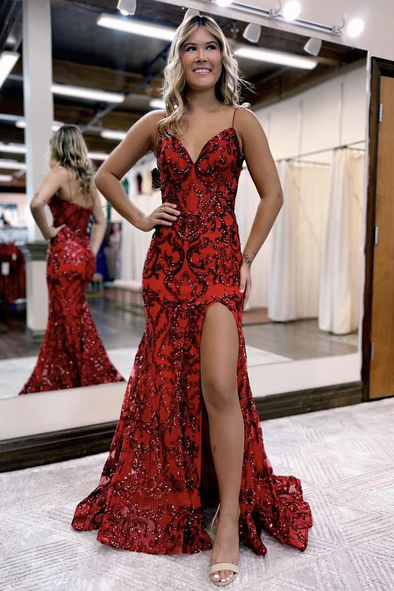 Elegant mermaid V-neck sequin prom dress with a high slit, front view.