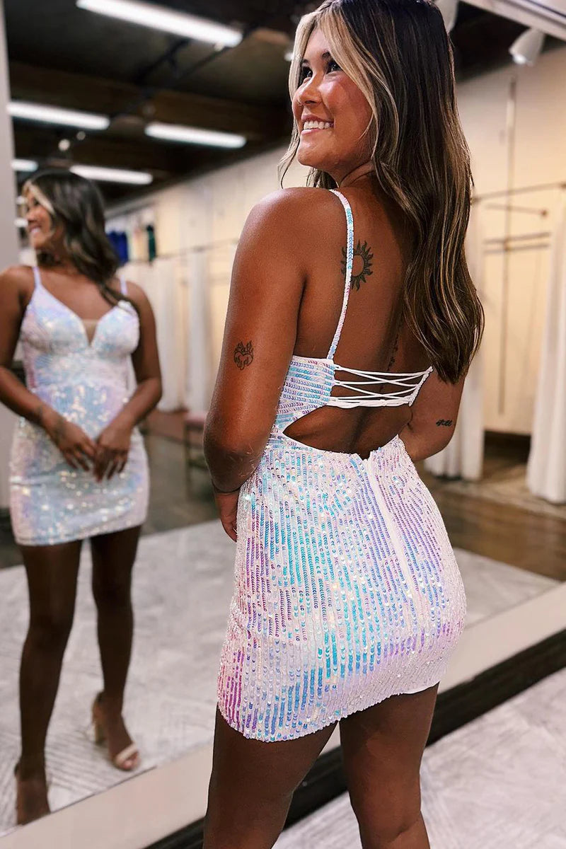 Back view of the sequin V-neck bodycon maxi dress on a model.