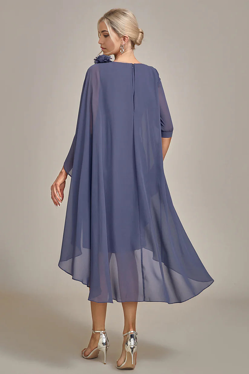 Side view of a knee-length beaded chiffon dress.