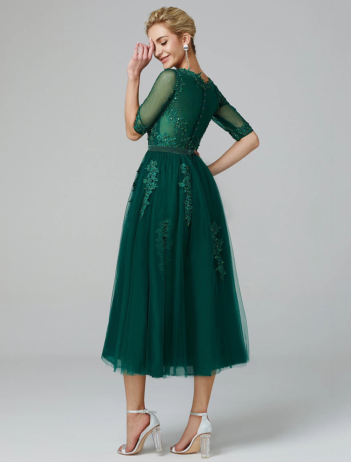 Full view of the sparkly A-line dress for special occasions.