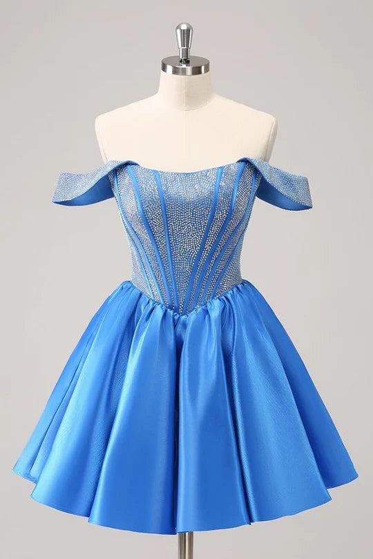 Model wearing a sparkly A-line off-shoulder beaded satin homecoming dress.