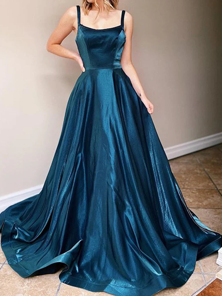 Sparkly A-line square neck satin prom dress on a model.