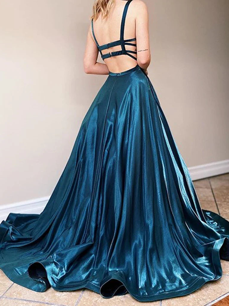 Full length view of the sparkly A-line square neck satin prom dress.