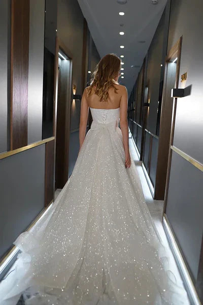 Sparkly A-line sweetheart bohemian bridal gown.