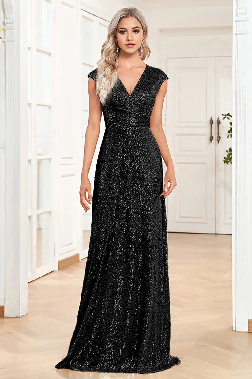 Side view of the sparkly A-line V-neck Mother of the Bride dress.