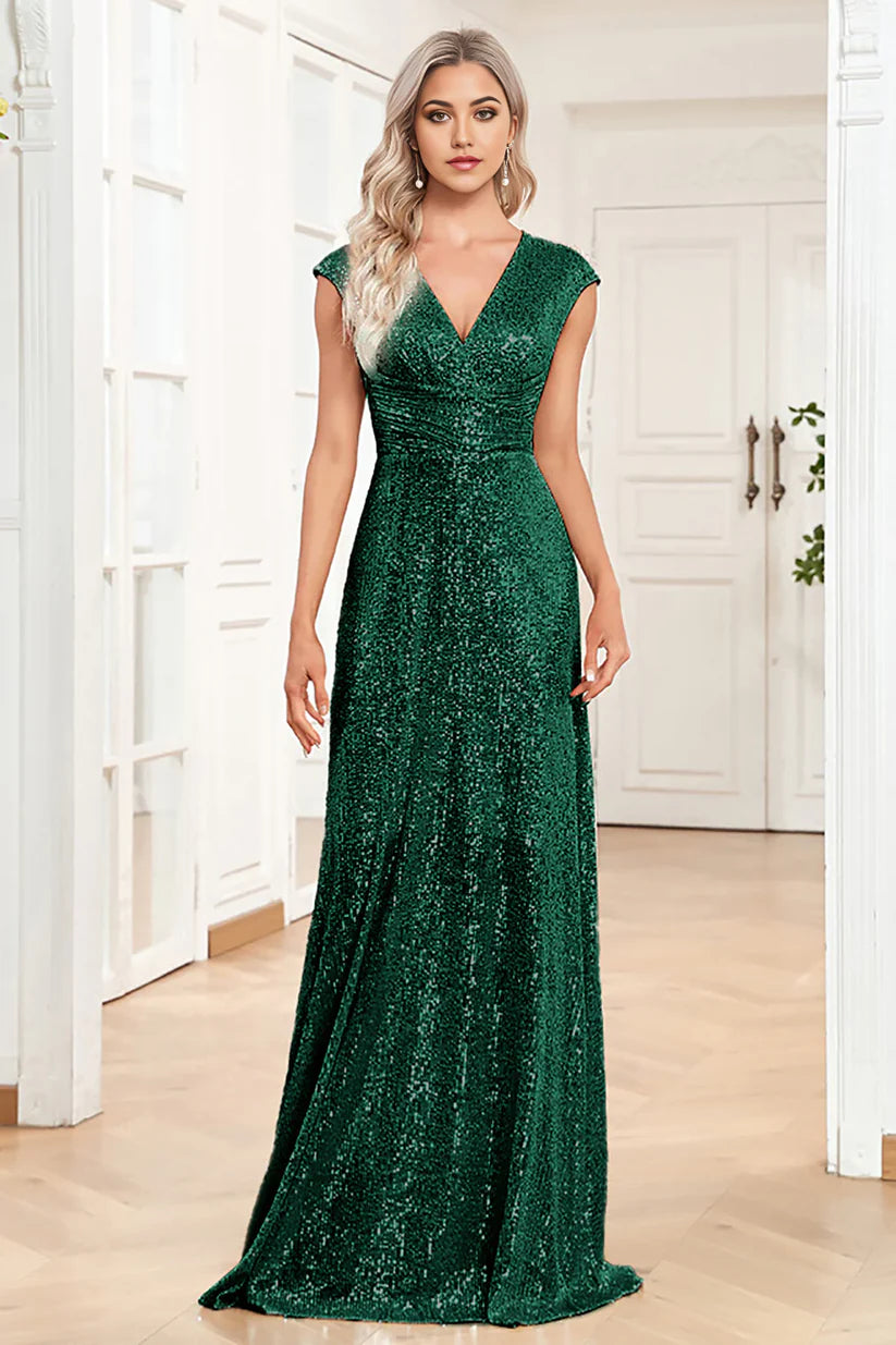 Full length view of the sparkly A-line V-neck Mother of the Bride dress.