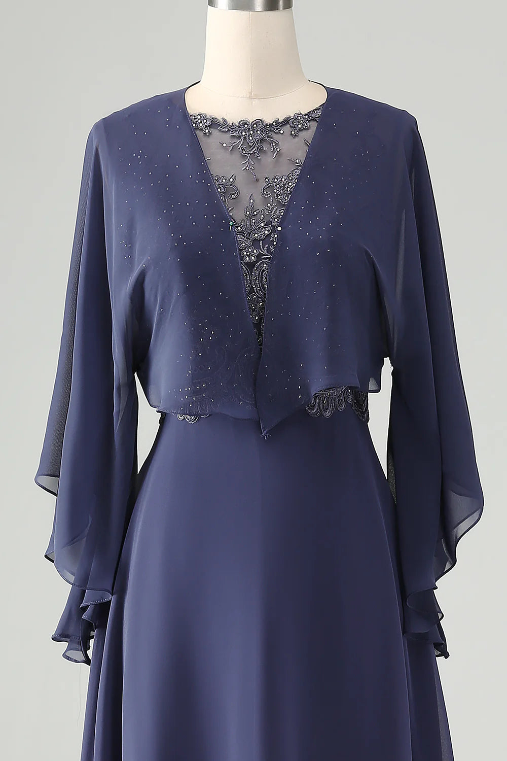 Close-up of the sparkly beading detail on the A-line formal dress.