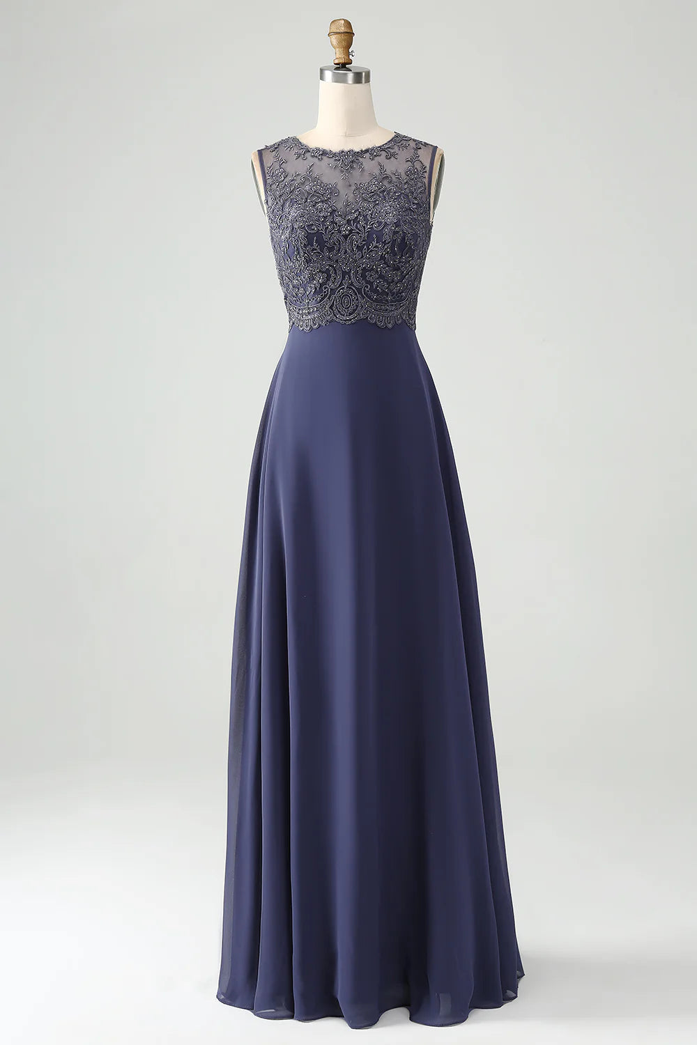 Side view of the elegant A-line dress, showcasing its silhouette and shawl.