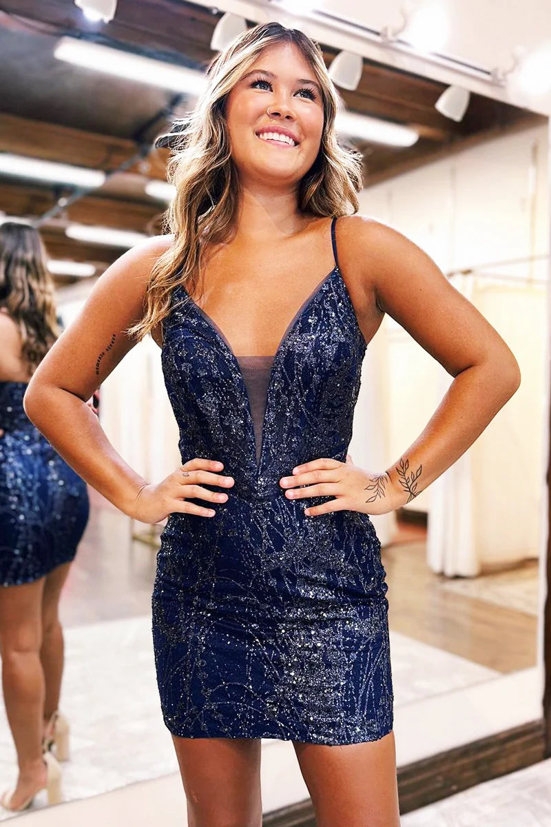 Sparkly bodycon V-neck mini dress for homecoming.