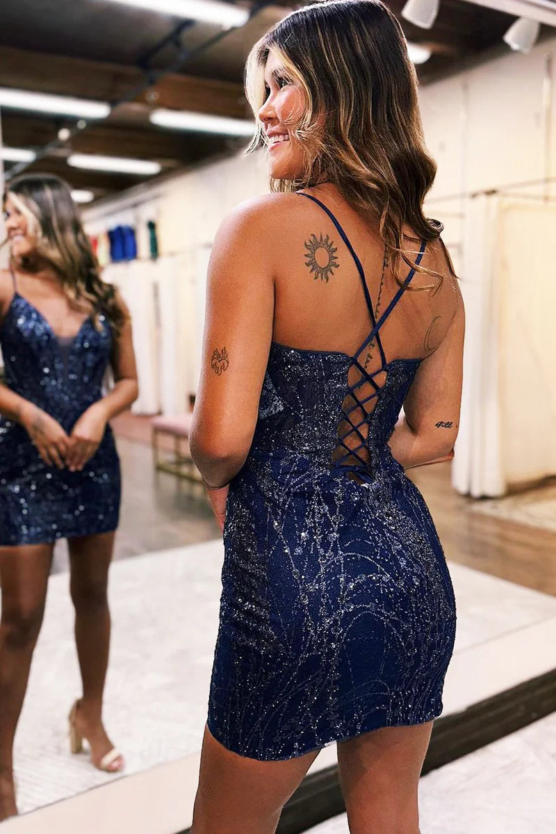 Model wearing a shimmering V-neck bodycon dress.