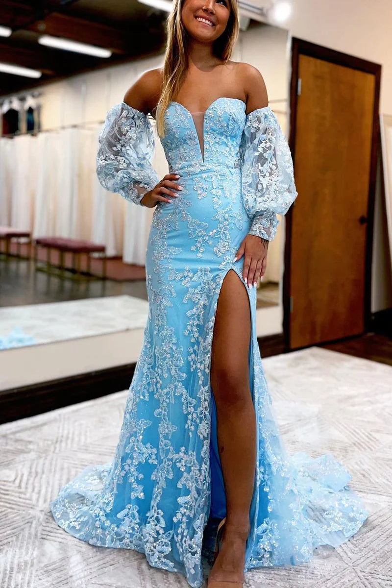 Model wearing a sparkly mermaid sweetheart lace prom dress.
