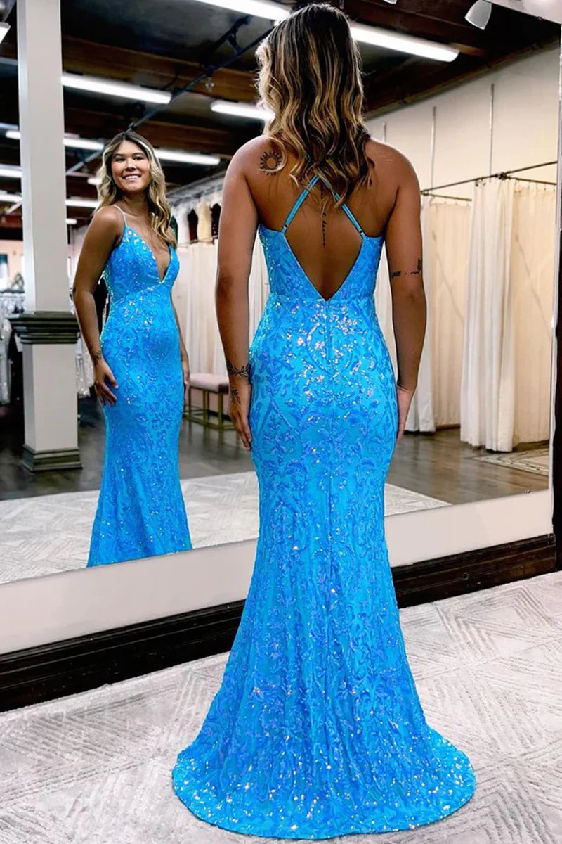 Back view of a woman in a sparkly mermaid V-neck sequin prom dress.