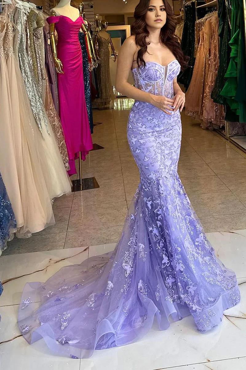 Lavender mermaid prom dress with sparkly lace and sweetheart neckline.