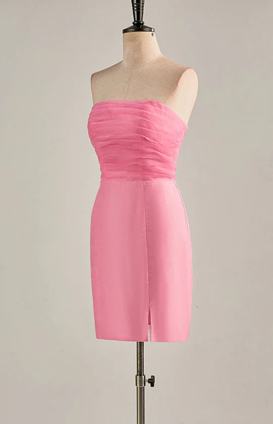 Hot pink strapless A-line chiffon knee-length homecoming dress.