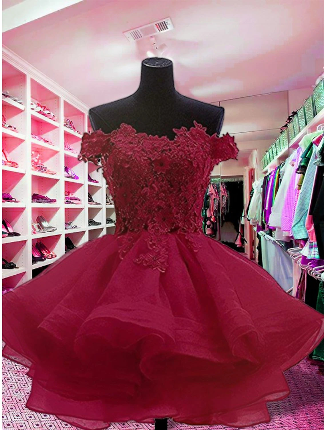 Back view of a short strapless floral organza dress.