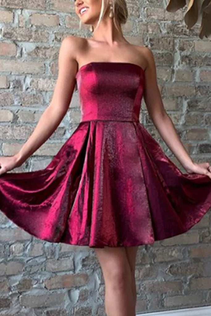 Elegant strapless mini dress for prom or cocktail parties.
