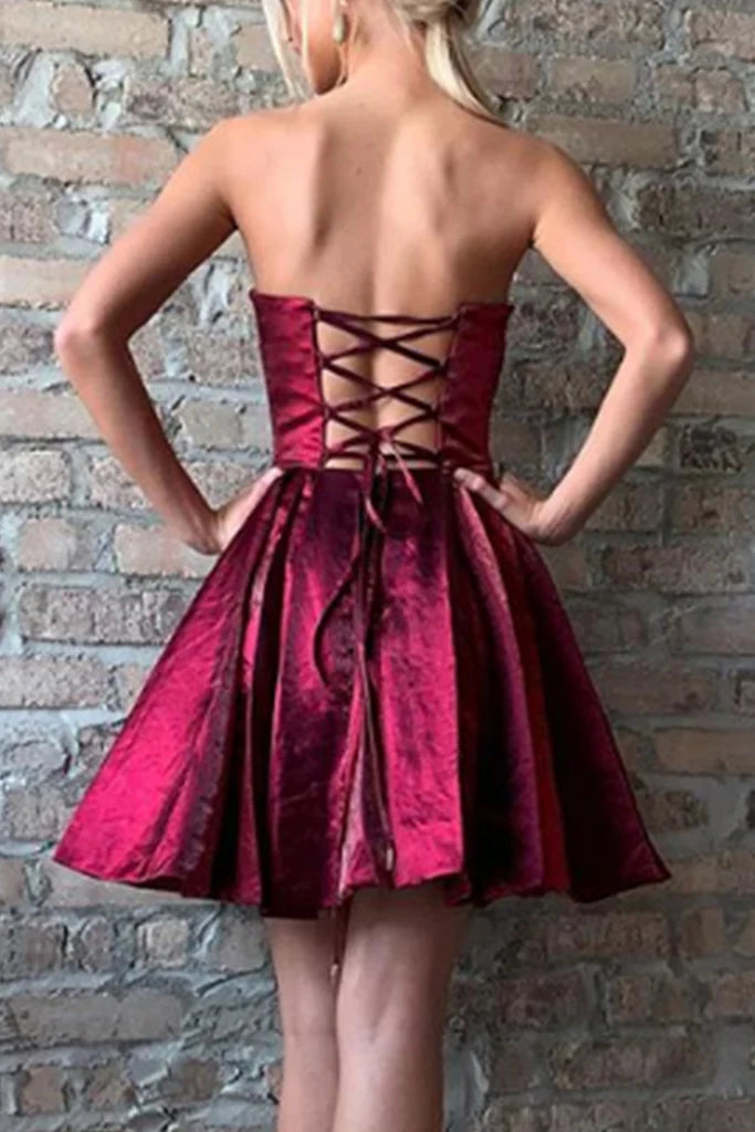 Back view of the strapless A-line mini dress.