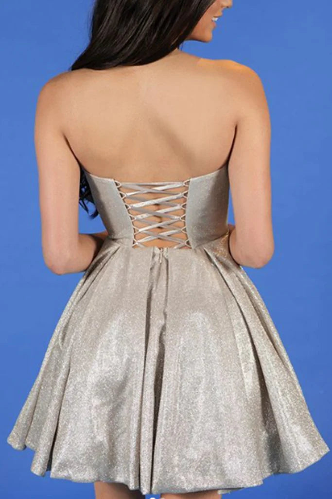 Close-up of the strapless formal party dress.