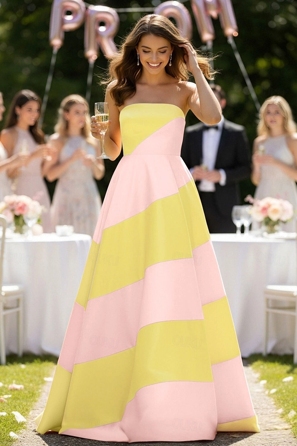 Elegant strapless A-line prom dress with an open back.
