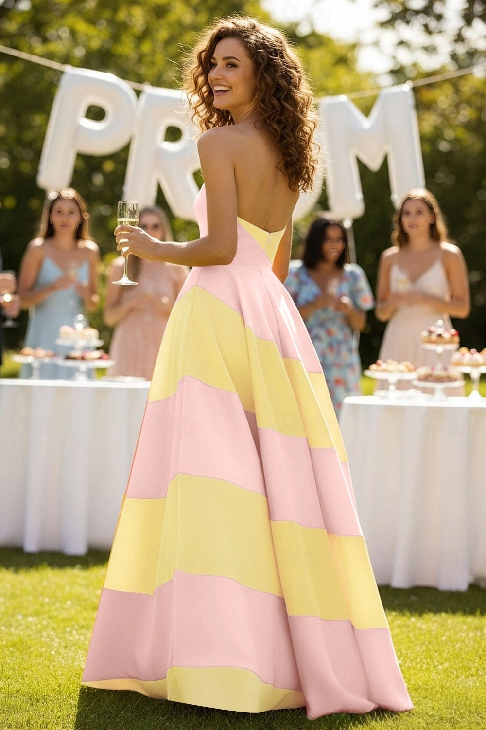 Woman wearing a floor-length strapless A-line evening gown.