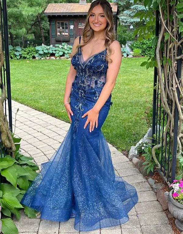 Elegant strapless A-line long evening dress in navy blue with a side slit.