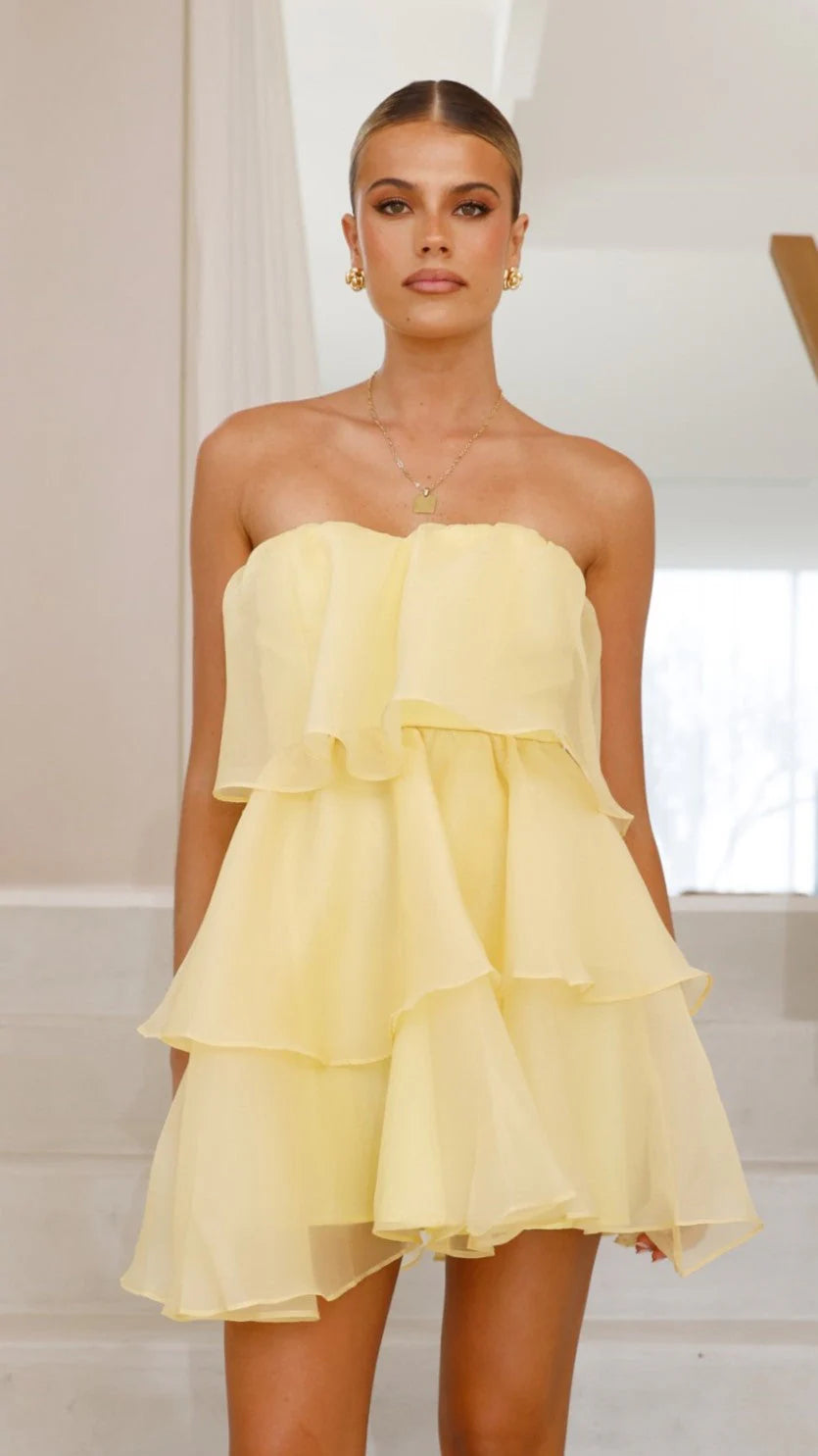 Close-up of the strapless neckline and fabric of the mini dress.