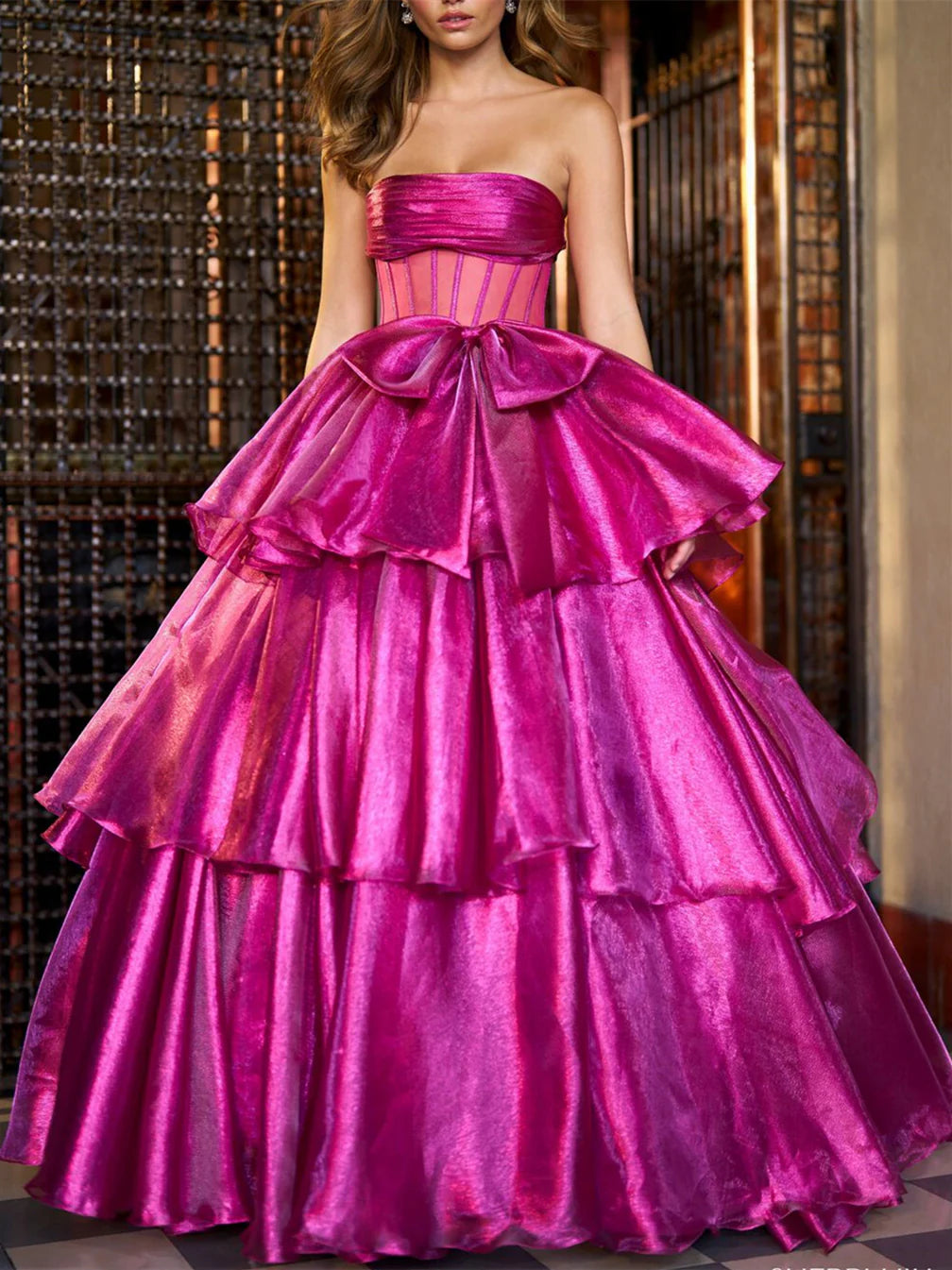 Sophisticated strapless ball gown for formal evening events.