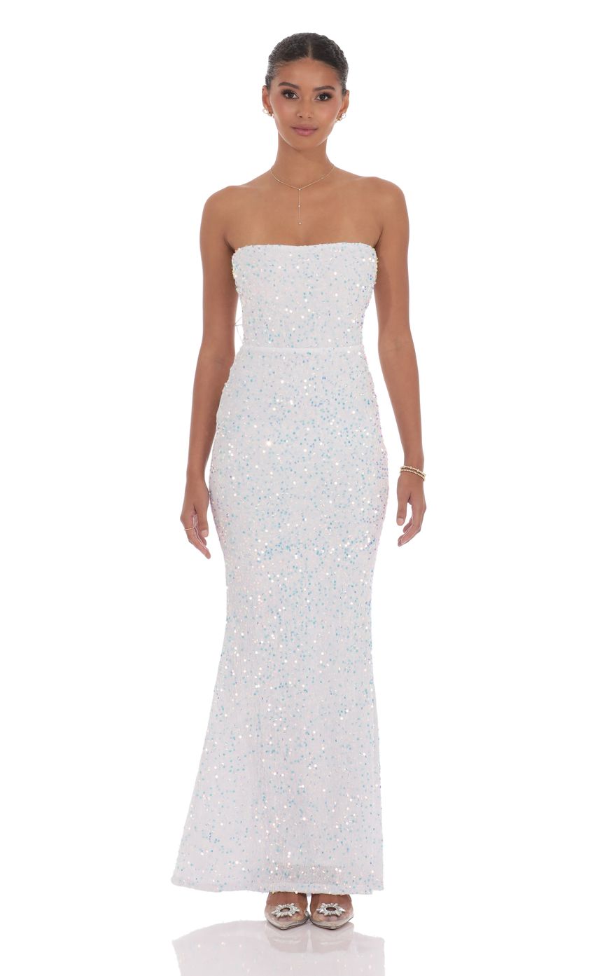 Front view of the navy and white strapless corset maxi dress, highlighting the fitted bodice.