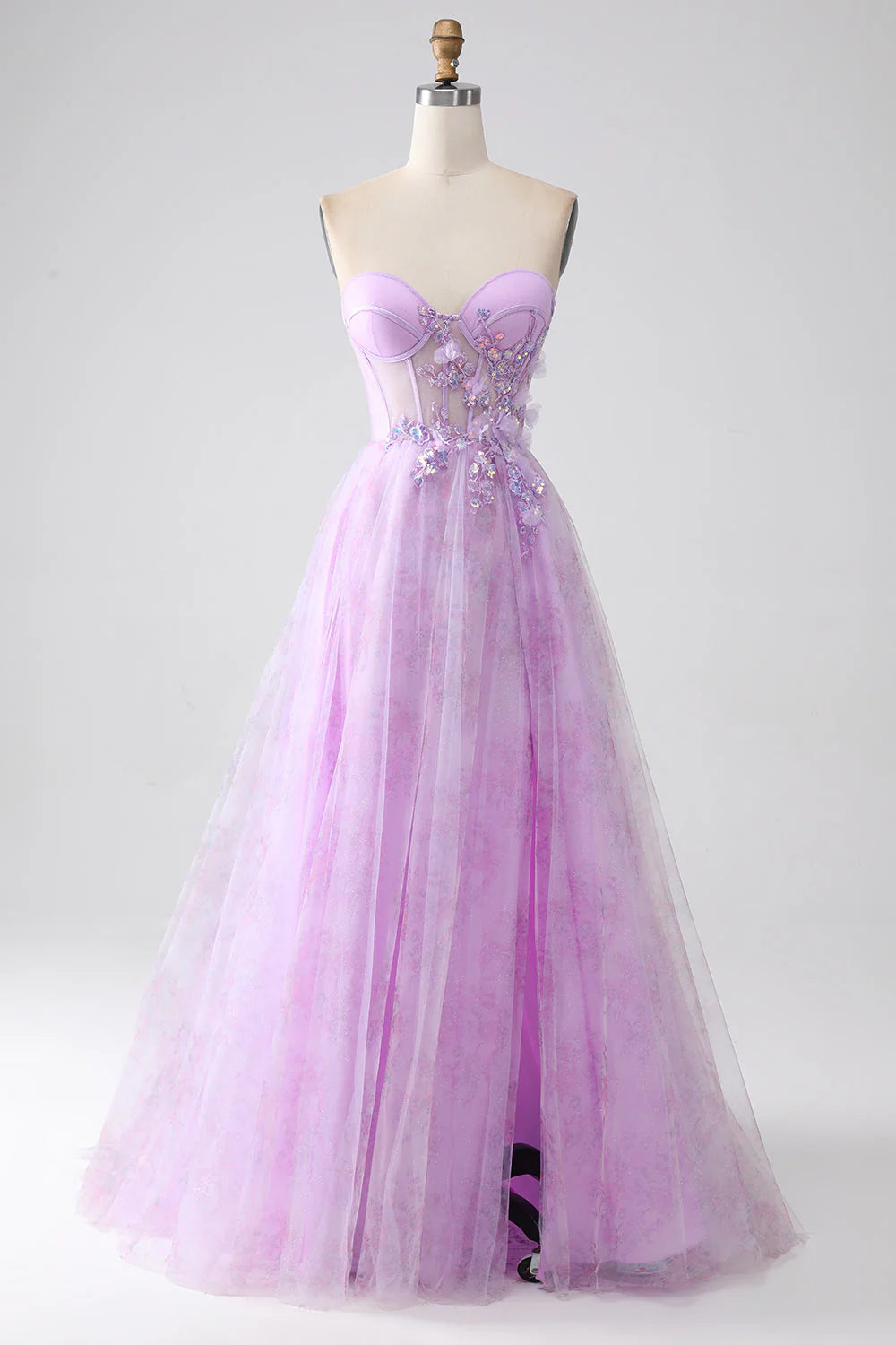 Purple strapless corset prom dress with intricate beading, front view.