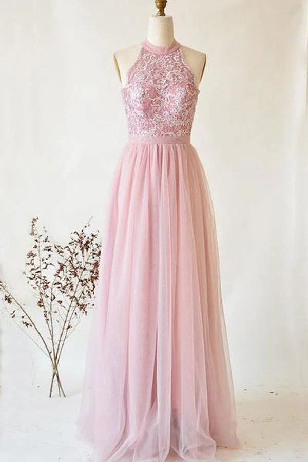 Elegant strapless illusion high neck long prom dress with tulle and lace details.