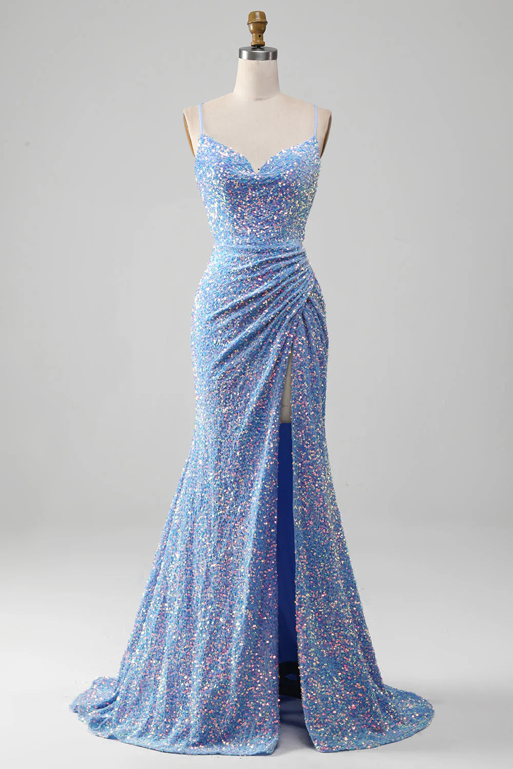 Elegant light blue mermaid prom dress with a high slit.