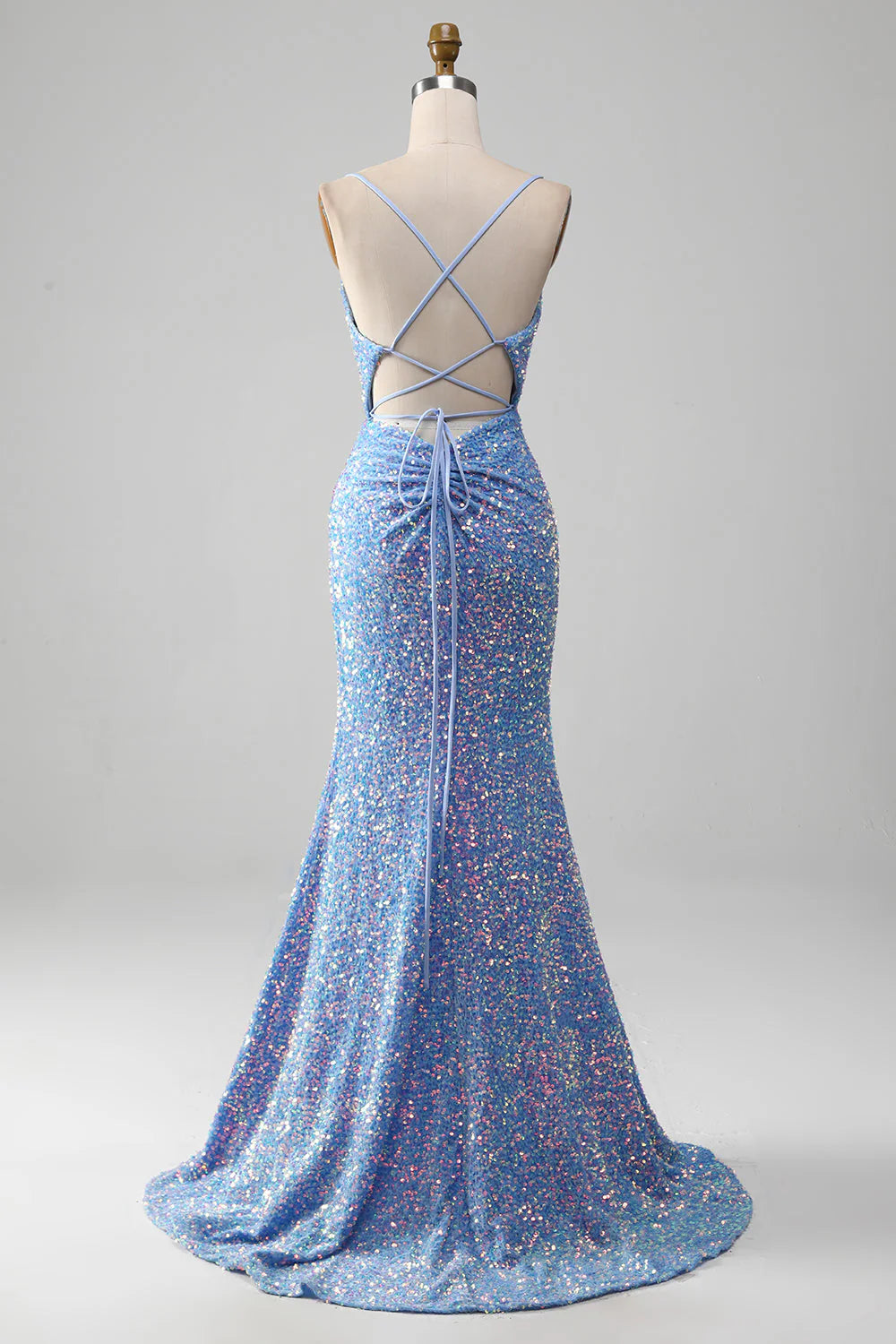 Back view of the light blue mermaid formal gown.