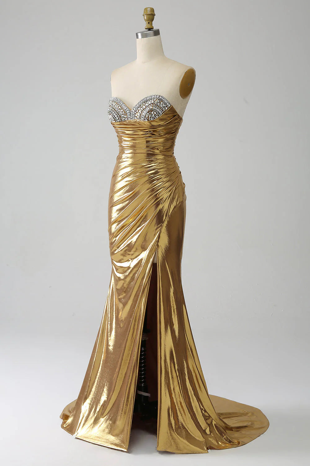 Back view of the golden strapless mermaid prom dress, highlighting the elegant silhouette.