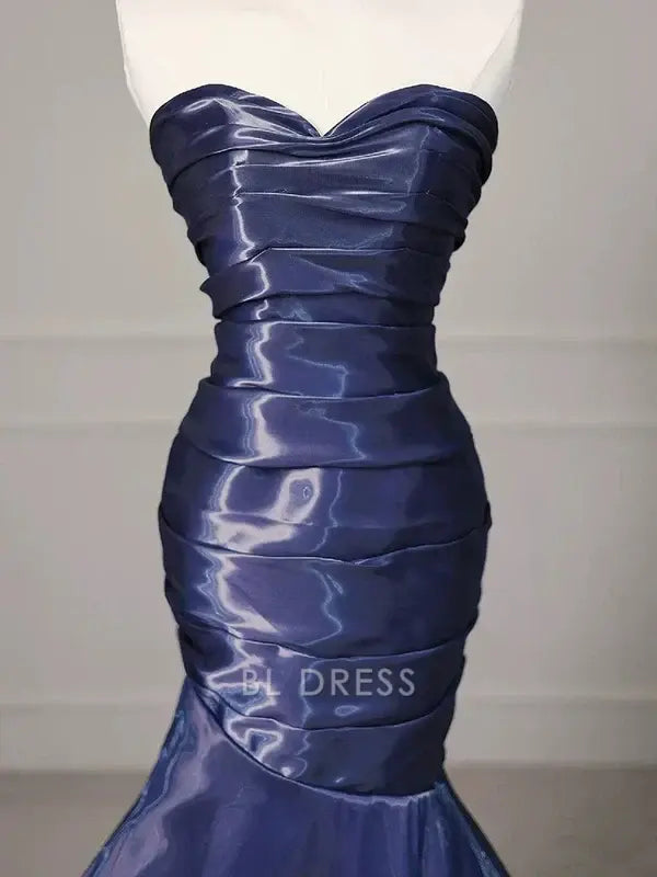 Side view of the Navy Blue Mermaid Strapless Dress, highlighting pleats.
