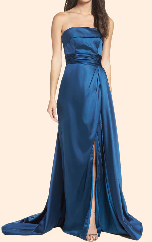 Elegant strapless prom dress with a court train.