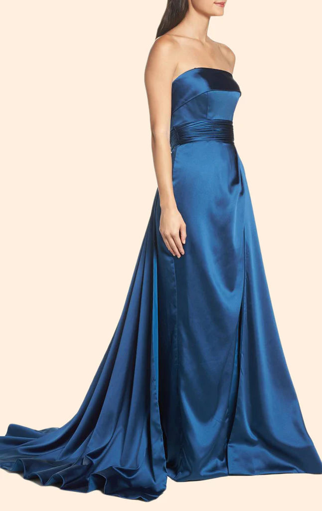 Sophisticated strapless dress for formal occasions, showcasing the court train.