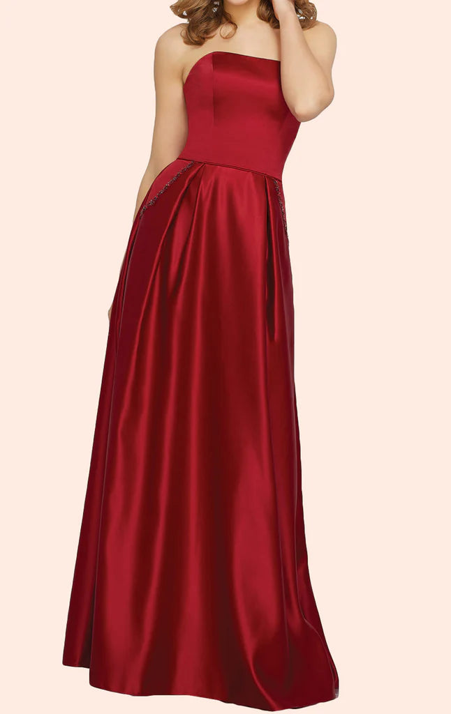 Elegant strapless satin long formal gown.