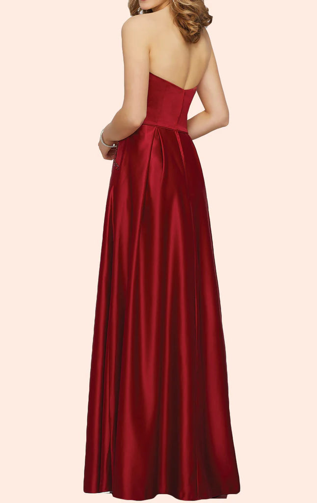 Back view of a strapless satin bridesmaid dress.