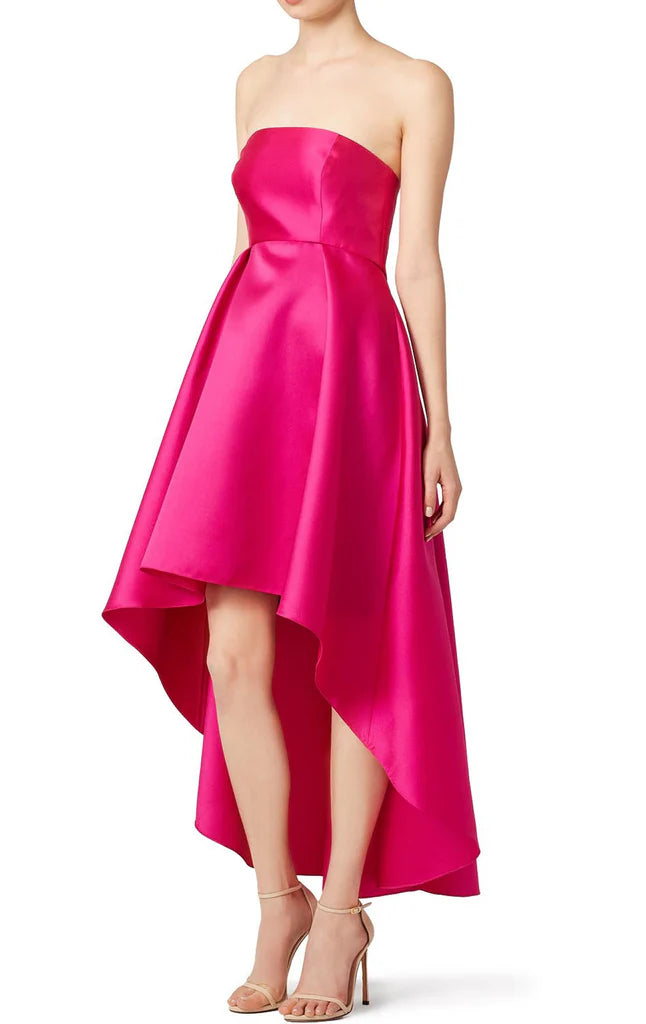 Full view of the strapless satin maxi dress, showcasing its flowing silhouette.