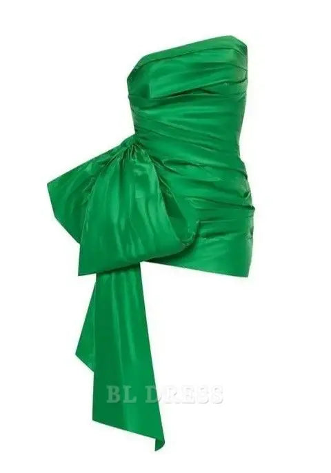 Woman wearing an elegant green strapless sheath homecoming dress.