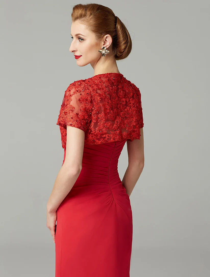 Full view of a strapless sheath dress, perfect for weddings and formal events.