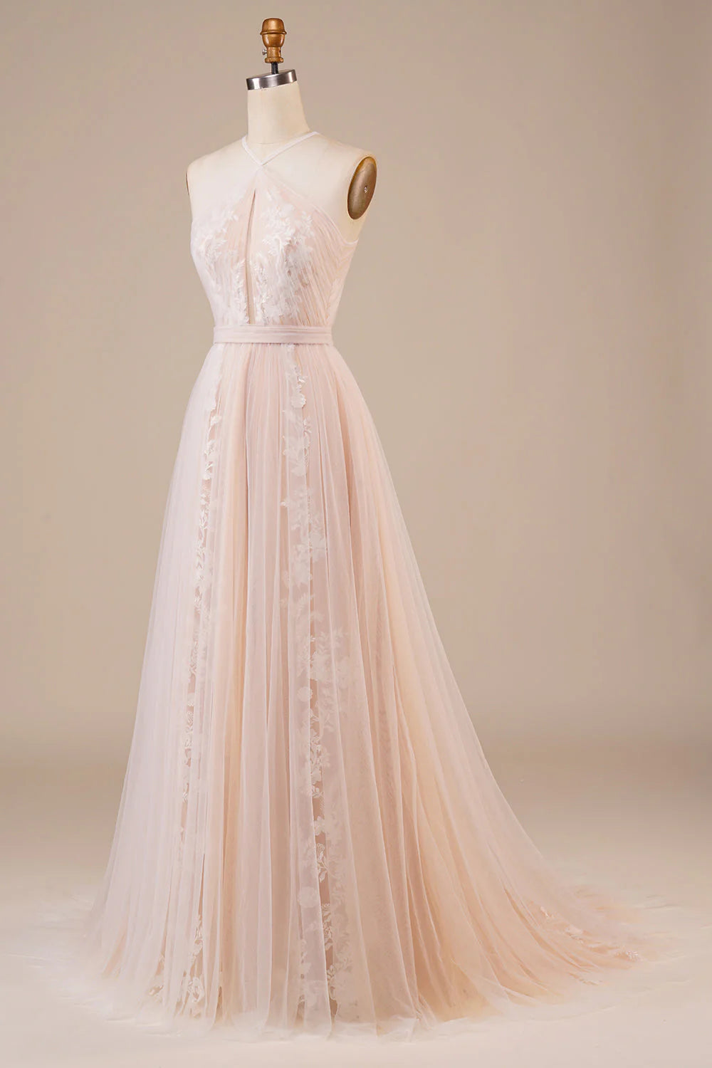 Back view of an ivory tulle wedding dress, showcasing the flowing skirt and applique details.
